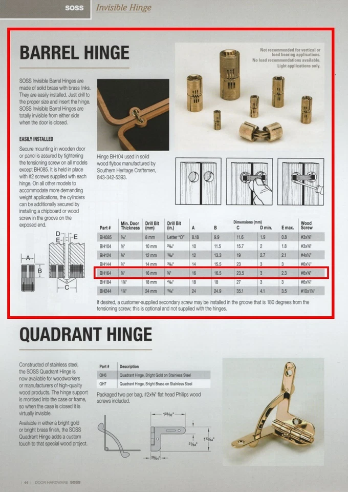 SOSS BH164 16mm Barrel Hinge Solid Brass
