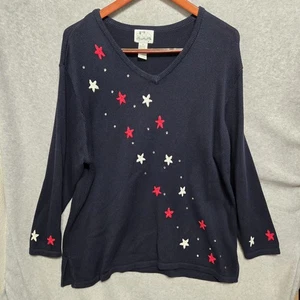 The Quacker Factory Sweater Womens Size 2x Navy Blue Stars Embellished - Picture 1 of 9