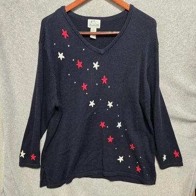The Quacker Factory Sweater Womens Size 2x Navy Blue Stars Embellished - Image 1 of 4