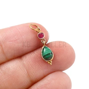 Tiny Pendant 14k Gold Ruby And Malachite Gemstone Pendant Handmade Charm Pendant - Picture 1 of 4