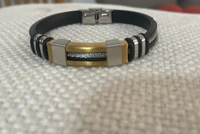 Jewelery Bracelet Men Black Silver Gold Color lSilicone Fold Over Clasp Elegant - Image 1 of 4