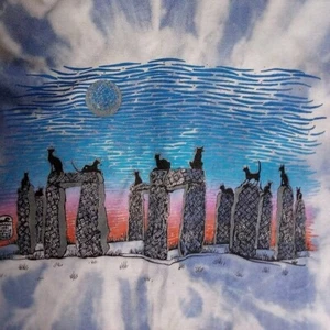 Vintage 90s Cats At Stonehenge Kitten Reverse Tie Dye T-Shirt - Picture 1 of 8