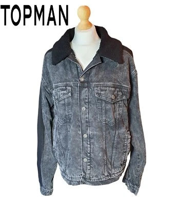 Topman Hombres Reino Unido Talla M Lavado Negro Demin Chaqueta Aislante Cálida Invierno Vellón Foto 1 de 4