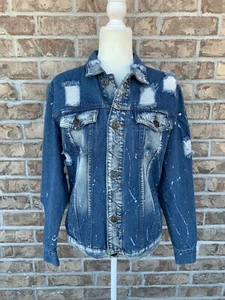 Rolling Paper women's blue denim jacket distressed paint splatter size S - Picture 1 of 12