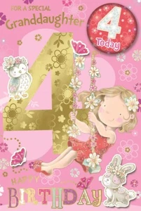 Granddaughter 4th Birthday Card & Badge - Age 4 Girl on Swing Gold Foil 9x6" - Picture 1 of 1
