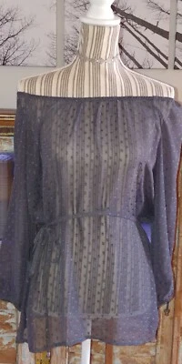 AB Studio Blouse Sheer textured polka dots off shoulder Top 3/4 Sleeve Black M - Image 1 of 4