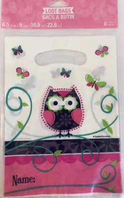 Owl Pal Birthday Goodie Loot Bags 8 ct Pink Purple Lime Teal Blue Butterflies - Image 1 of 4