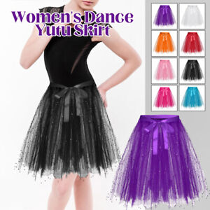 Womens Dance Mesh Skirt Adult 3-Layer Dance Tutu Skirt Performance Sequin Skirt