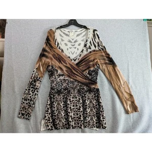 Alberto Makali Animal Print Top Damen große Perlen Langarm Kunst Bluse - Bild 1 von 9