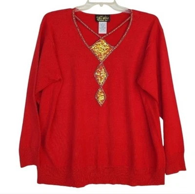 Bob Mackie 复古可穿戴艺术亮片镂空毛衣 XL — 第 1/4 张图片