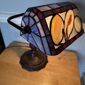 Tiffany Style Banker Lamp Small Stained Glass Table Piano Light Natural Stones - Picture 1 of 7