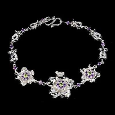 925 Sterling Silver Bracelet Round Peridot Amethyst Natural Gemstone Jewelry 7in - Image 1 of 4