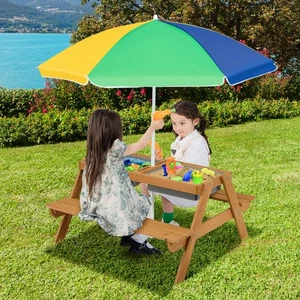 3-in-1 Kids Picnic Table Outdoor Wooden Water & Sand Table w/Umbrella Play Boxes - Picture 1 of 8