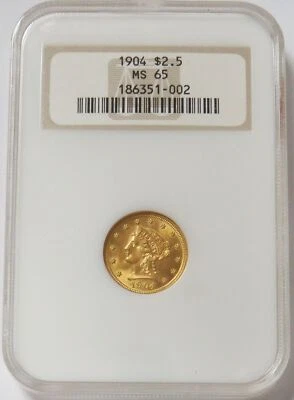 1904 GOLD USA $2.50 LIBERTY HEAD QUARTER EAGLE COIN NGC MS 65 PQ - Image 1 of 4