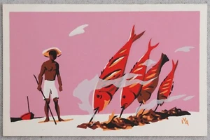 Vintage 1950s Puerto Vallarta Mexican Silk Screen Print Fisherman Grilled Fish - Picture 1 of 3