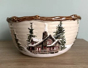 St. Nicholas Square "Snow Valley" Large Round Serving Bowl 10.5” Log Cabin - Picture 1 of 8