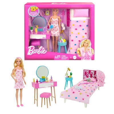 Barbie Doll and Bedroom Playset, Barbie Furniture with 20+ Storytelling Pieces