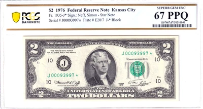 1976 $2 FRN Kansas City **STAR** PCGS Superb Gem Uncirculated 67PPQ #J00093997* - Image 1 of 2