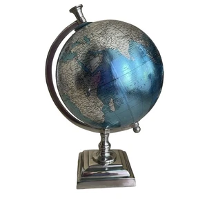 Blue World Globe Silver Metal Base Rotating 13" - Picture 1 of 8
