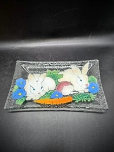 Peggy Karr Rare Rabbits And Carrots Easter Fused Art Glass Dish Vintage - Picture 1 of 10