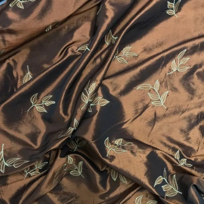 Premium Taft bestickt Blätter Blumen Stoff Kleider Vorhang Material, BRAUN - Bild 1 von 2