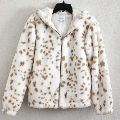 JACKET-HOODIE-NINE WEST-White Soft Faux Fur with Tan Spots-Lines-Size SMALL - Image 1 of 4