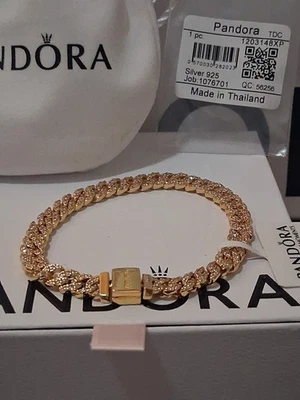 PULSERA PANDORA ATEMPORAL AUTÉNTICA CHAPADA EN ORO 14KT ESLABONES PAVÉ CUBANOS 6.3 EN CAJA Foto 1 de 4