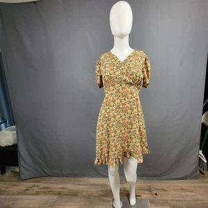 BBGD Dress Womens Medium Floral Puff Sleeve Ruffle Hem V Neck Yellow Orange Boho - Picture 1 of 10