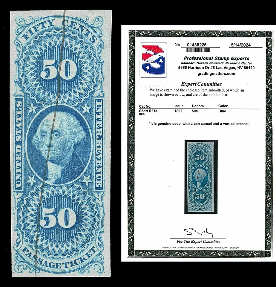 Scott R61a 1862 50c Imperf Passage Ticket Revenue Used VF Cat $140 with PSE CERT - Image 1 of 1