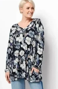 LOGO Lori Goldstein Top Mujer 1X Negro Azul Floral Bolsillos Elástico Tejido Túnica - Imagen 1 de 10