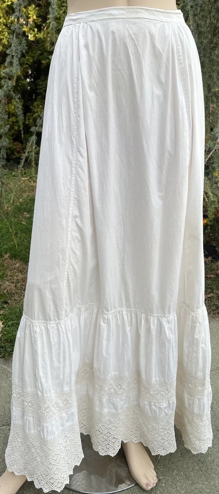 ANTIQUE VICTORIAN WHITE COTTON PETTICOAT SKIRT W/ CROCHET LACE - Image 1 of 4