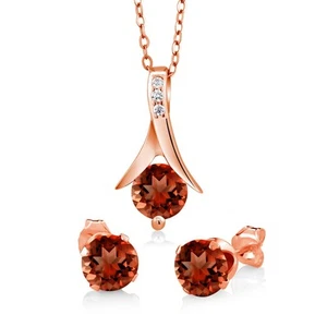 18K Rose Gold Plated Silver Pendant Earrings Set Round Garnet 2.25 cttw 18"Chain - Picture 1 of 4