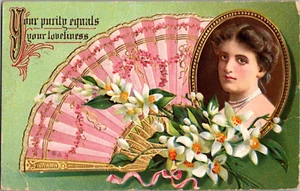 Postal Tu pureza es igual a tu belleza abanico flores divididas posterior publicada 1912 - Imagen 1 de 2