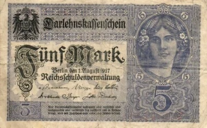 Genuine 5 Mark German empire banknote 1917 world war I ok con rare 7 no !!!!! - Picture 1 of 2