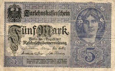 Genuine 5 Mark German empire banknote 1917 world war I ok con rare 7 no !!!!! - Image 1 of 2