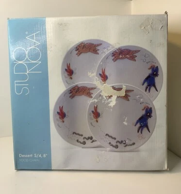 4 салатные тарелки Studio Nova «Пищевая цепочка» черви птица кошка собака 8 дюймов 3D НОВЫЕ с дефектом L1 - Изображение 1 из 4