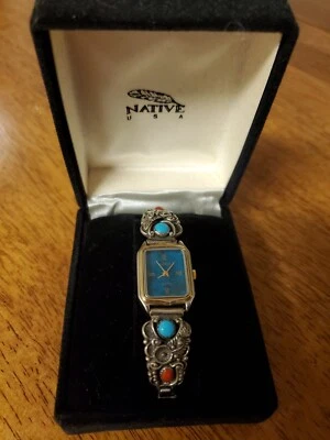 Reloj para mujer turquesa nativa americana, coral, plata de ley, pendientes gratis  Foto 1 de 4