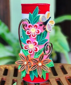 Colorful Home Décor Flower Vase Decorated With Thread And Paper Flowers - Picture 1 of 7