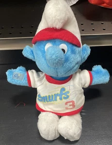 Vintage 1982 Smurf Baseball Plush Stuffed Toy #3 Wallace Berrie Peyo 14" No Ball - Picture 1 of 8