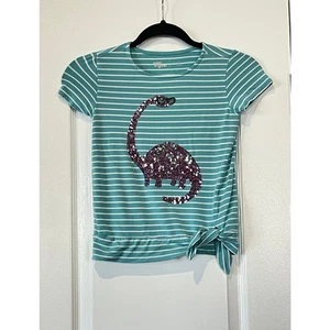 Rumi+Ryder Teal Striped Sequin Dinosaur Shirt Size Small 6-7  - Picture 1 of 6