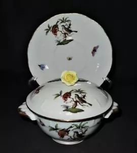 Herend Porcelain ROTHSCHILD BIRD 740 Rose Lidded Cream Soup Bowl & Saucer (B) - Picture 1 of 8