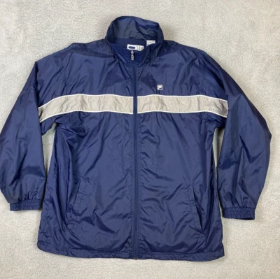Chaqueta cortavientos vintage Fila para hombre XL azul gris a rayas logotipo cremallera completa Foto 1 de 4