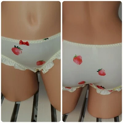 VTG Style Bikini Panty Girly Ruffle Trim Bow 7/L YELLOW Strawberry PRINT   - Image 1 of 3