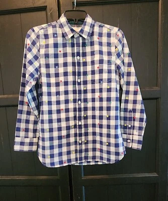 Mini Boden Navy White Gingham Embroidered Stars Button Up Shirt Boys 11-12Y EUC - Image 1 of 4