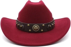 Marron, Red Western Cowboy, Cowgirl Hat, Horseshoe Strap, Men Women Retro - Picture 1 of 4