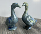 2 Ceramic Ducks Geese Figurines Blue Green Signed Studio Art Speckled Birds