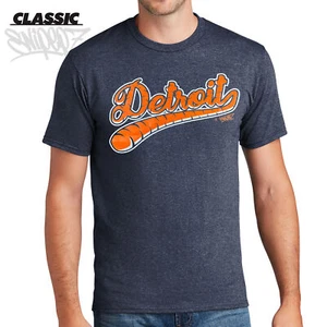 Detroit Tiger Tail Baseball Script Heather Navy Classic T-Shirt Tigers Mlb Tee - Picture 1 of 3