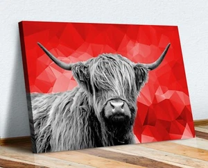 HIGHLAND COW BLACK AND WHITE RED GEO BACK CANVAS WALL ART PRINT ARTWORK - Picture 1 of 3