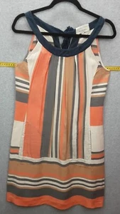 Veronika Maine Size 8 High Thai Neck Front Pocket Multi-stripe Linen Blend Dress - Picture 1 of 14