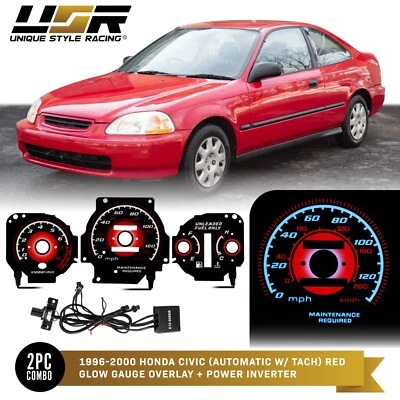 RED Type-R Glow Gauge Black Overlay For 96-00 Honda Civic EK AUTO Cluster - Image 1 of 4